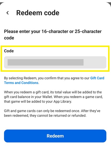 Enter Redeem Code